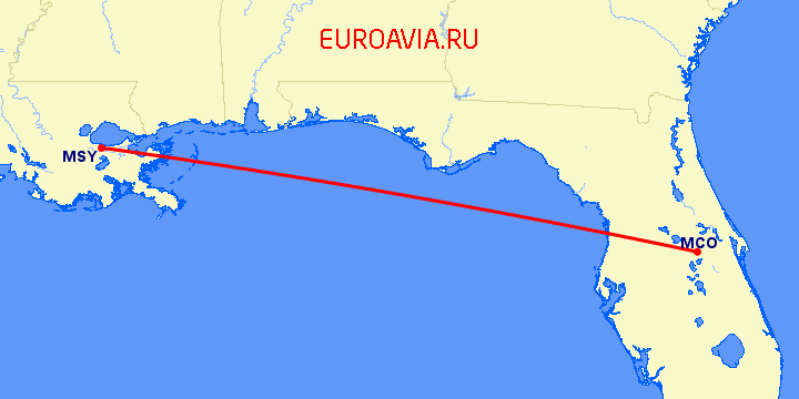 перелет Новый Орлеан — Орландо на карте