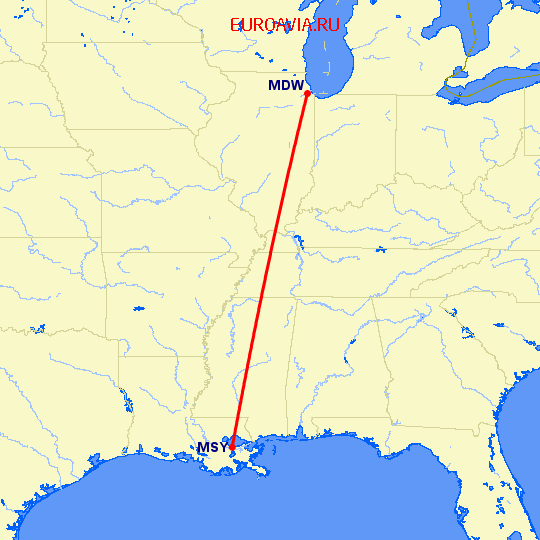 перелет Новый Орлеан — Чикаго на карте