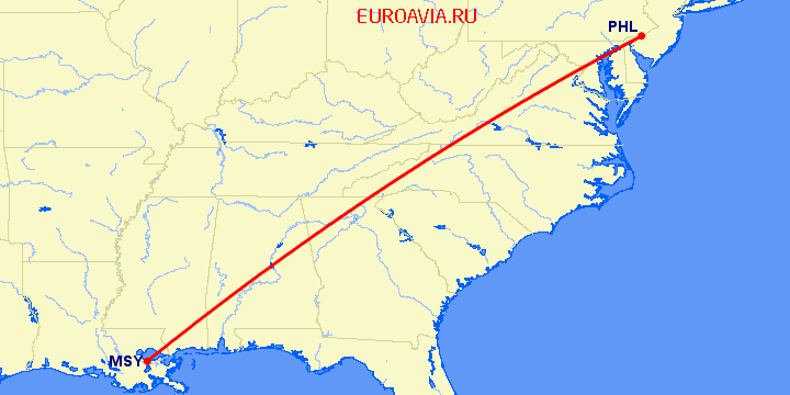 перелет Новый Орлеан — Филадельфия на карте