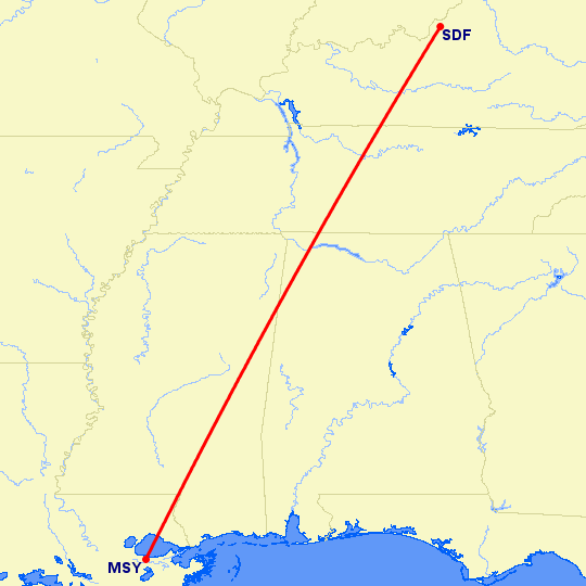перелет Новый Орлеан — Луисвилл на карте