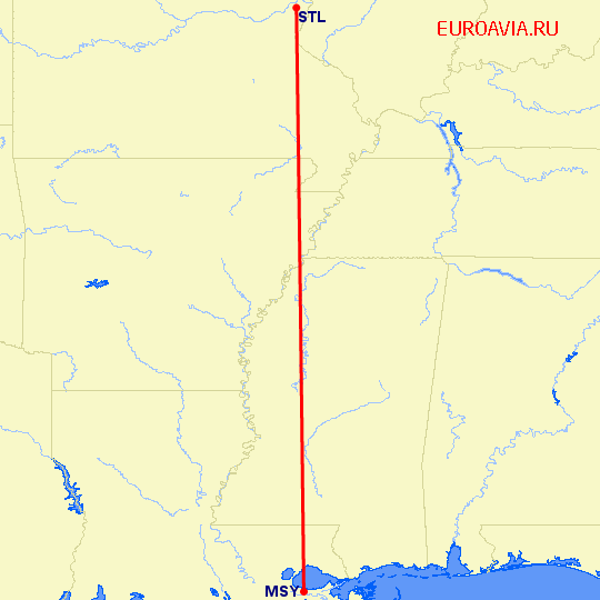 перелет Новый Орлеан — Сент Луис на карте