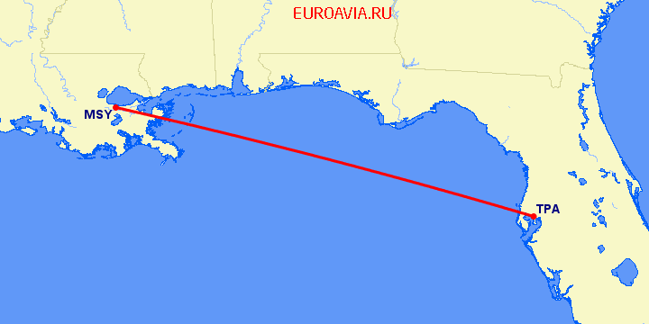 перелет Новый Орлеан — Тампа на карте