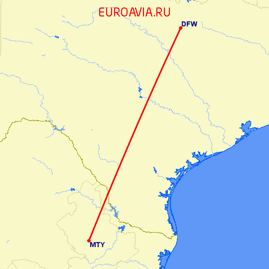 перелет Монтеррей — Даллас на карте
