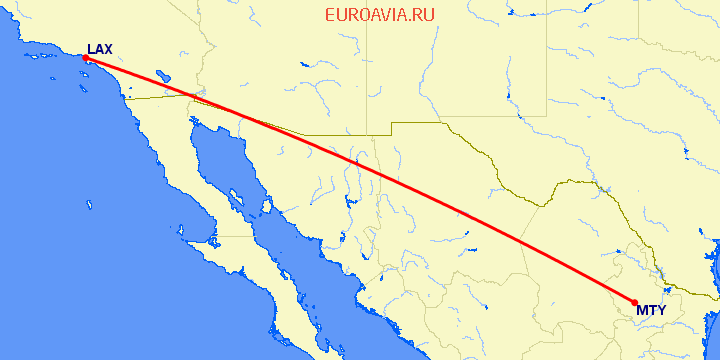 перелет Монтеррей — Лос Анджелес на карте