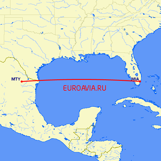 перелет Монтеррей — Майами на карте
