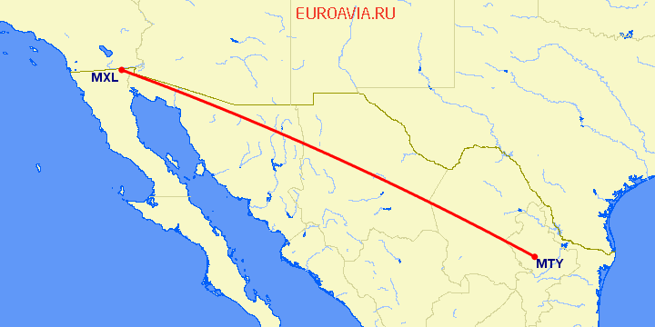 перелет Монтеррей — Mexicali на карте