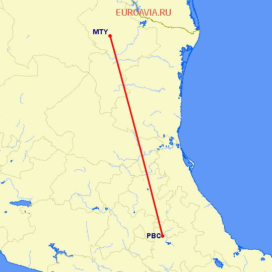 перелет Монтеррей — Пуебла Артихко на карте