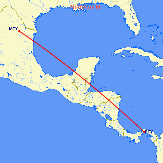 перелет Монтеррей — Панама Сити на карте