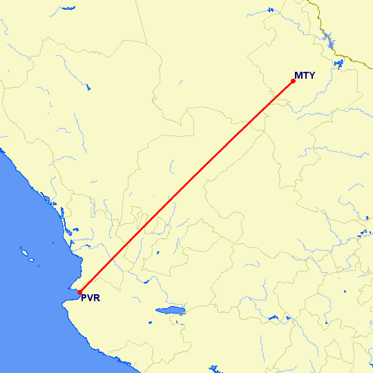 перелет Монтеррей — Пуэрто Ваярта на карте