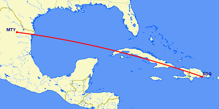 перелет Монтеррей — Санто Доминго на карте