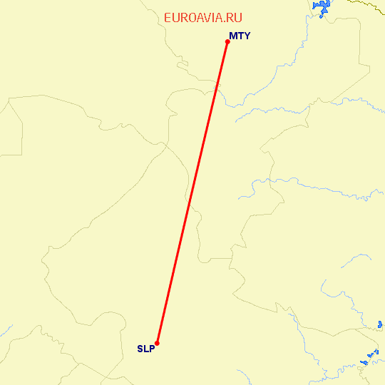 перелет Монтеррей — Сан Луис Потоси на карте