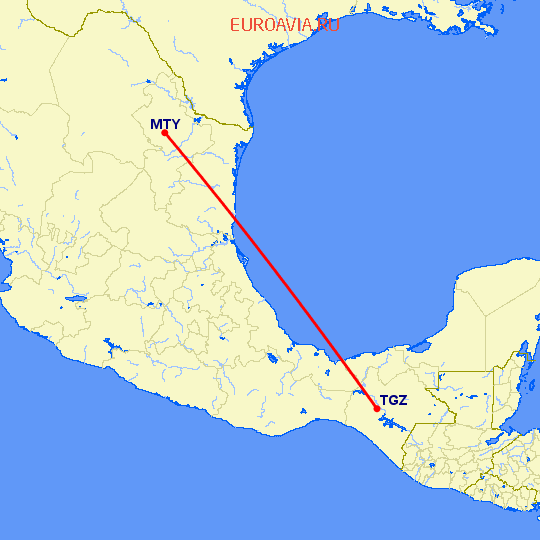 перелет Монтеррей — Тухтла Гутьеррес на карте