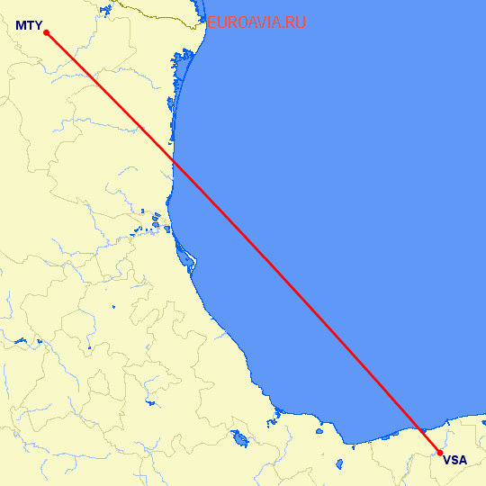 перелет Монтеррей — Вийяхермоса на карте