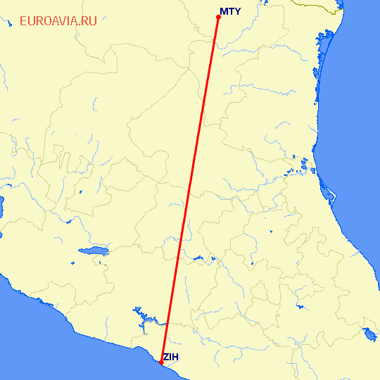 перелет Монтеррей — Ихтапа Сихуатанех на карте