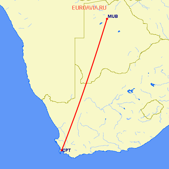 перелет Мон — Кейптаун на карте