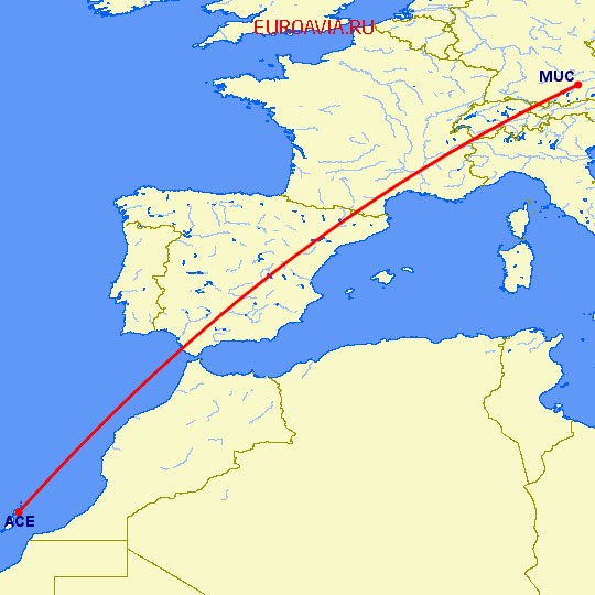 перелет Мюнхен — Арресифе на карте