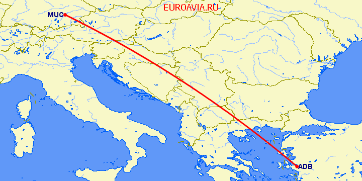 перелет Мюнхен — Измир на карте