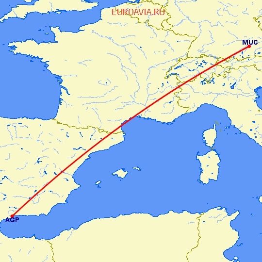 перелет Мюнхен — Малага на карте