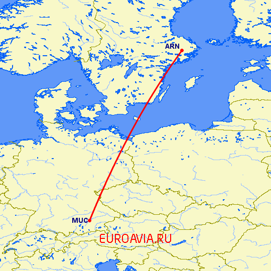 перелет Мюнхен — Стокгольм на карте