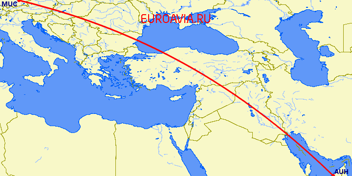 перелет Мюнхен — Абу Даби на карте