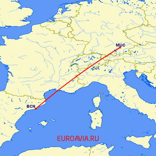 перелет Мюнхен — Барселона на карте