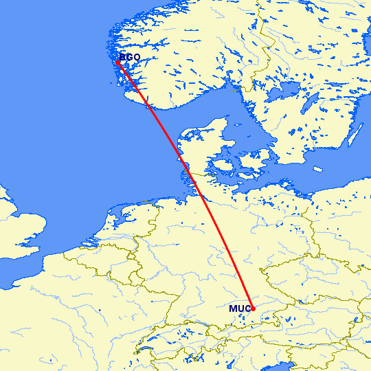 перелет Мюнхен — Берген на карте