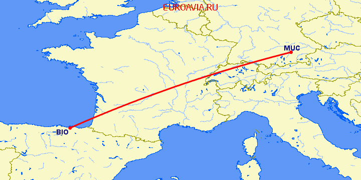 перелет Мюнхен — Бильбао на карте
