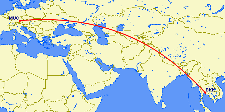 перелет Мюнхен — Бангкок на карте
