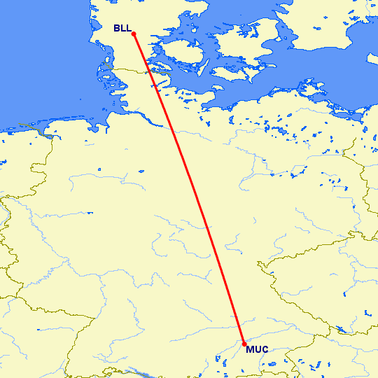 перелет Мюнхен — Биллунд на карте