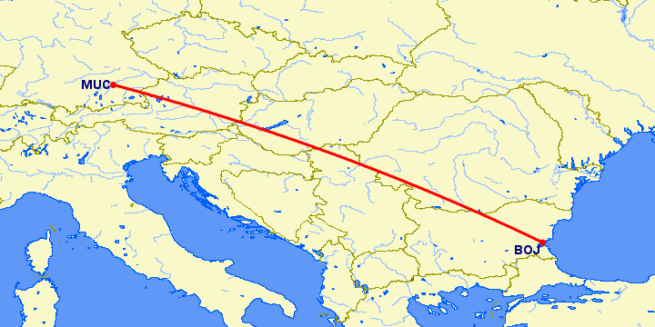 перелет Мюнхен — Бургас на карте