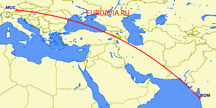 перелет Мюнхен — Бомбей на карте