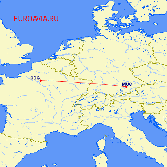 перелет Мюнхен — Париж на карте