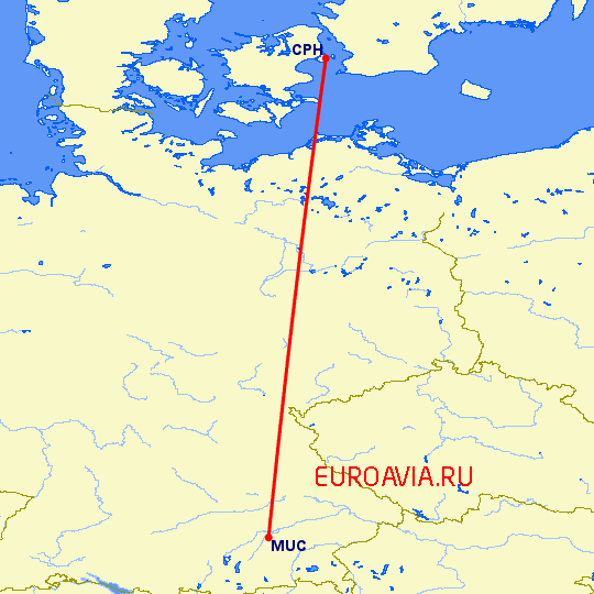 перелет Мюнхен — Копенгаген на карте