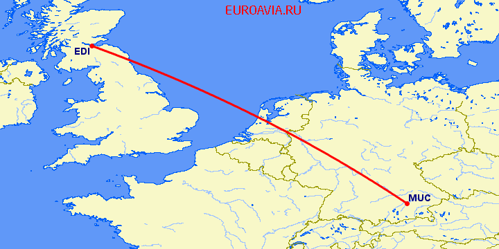 перелет Мюнхен — Эдинбург на карте