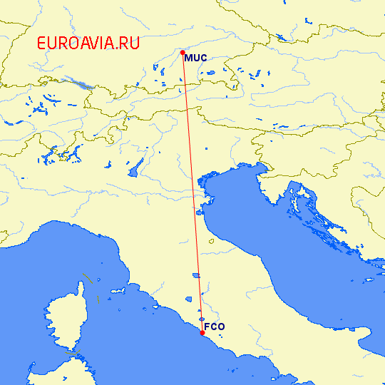 перелет Мюнхен — Рим на карте
