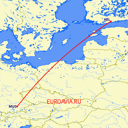перелет Мюнхен — Хельсинки на карте