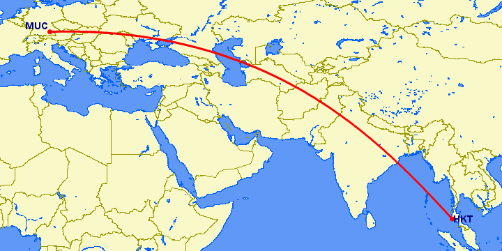 перелет Мюнхен — Пхукет на карте