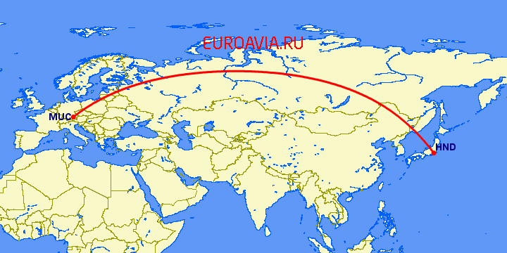 перелет Мюнхен — Токио на карте