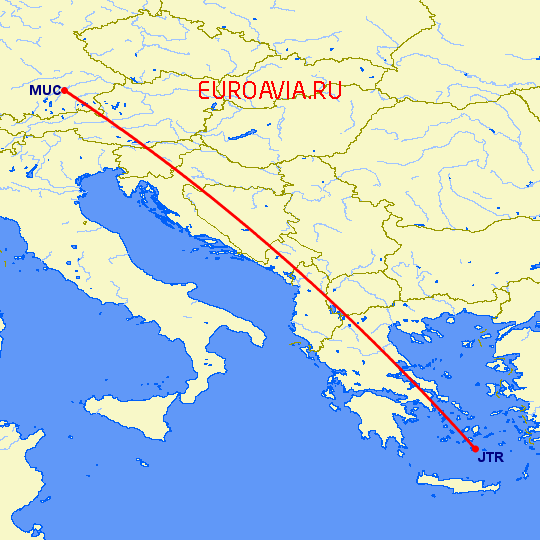 перелет Мюнхен — Санторини на карте