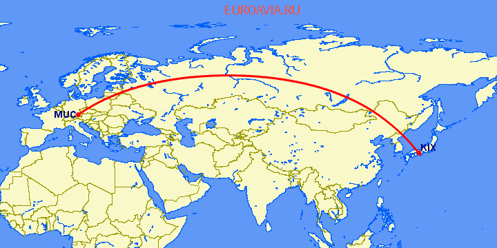 перелет Мюнхен — Осака на карте