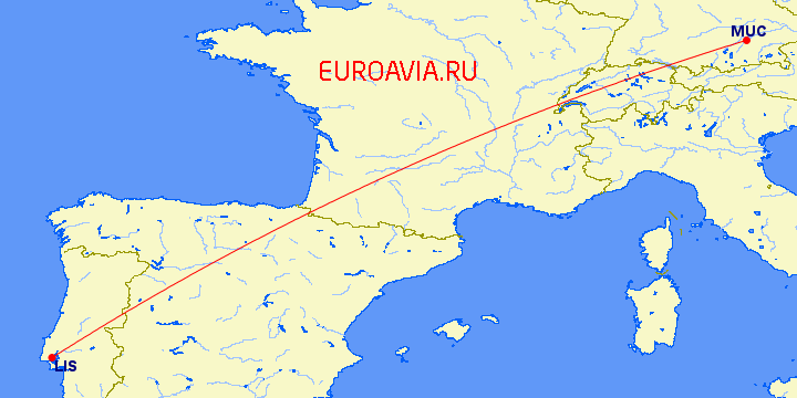 перелет Мюнхен — Лиссабон на карте
