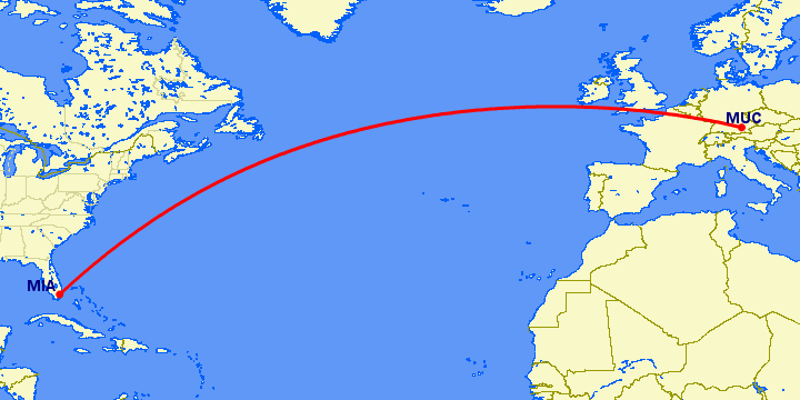 перелет Мюнхен — Майами на карте