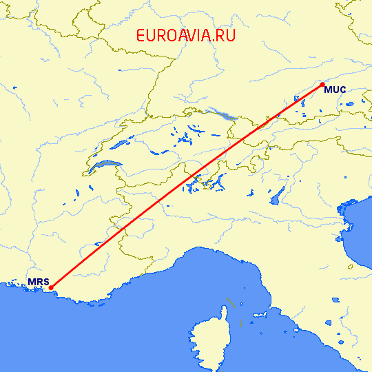 перелет Мюнхен — Марсель на карте