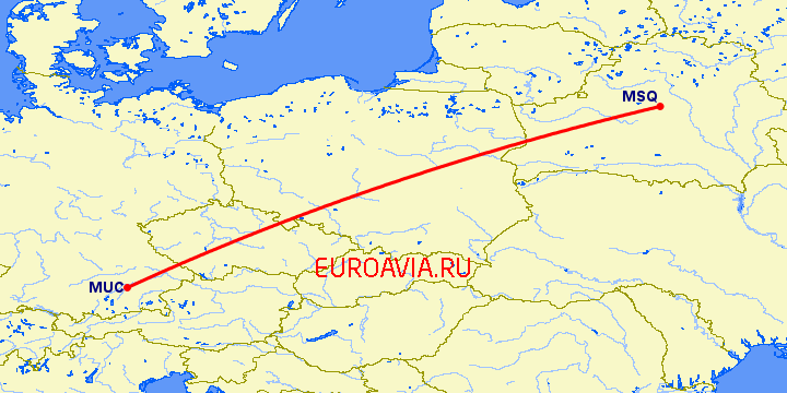 перелет Мюнхен — Минск на карте