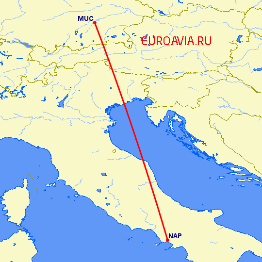 перелет Мюнхен — Неаполь на карте