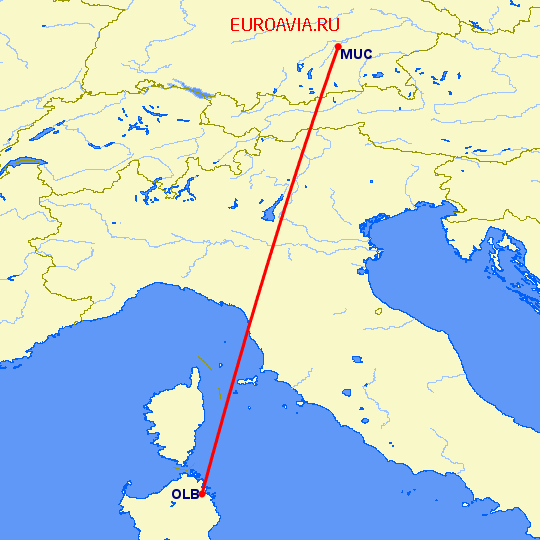 перелет Мюнхен — Costa Smeralda на карте