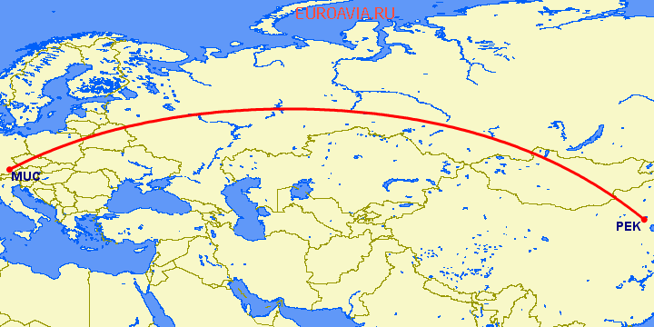 перелет Мюнхен — Пекин на карте