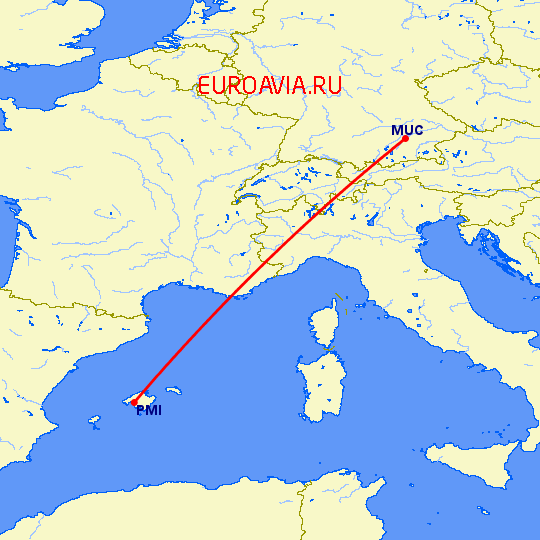 перелет Мюнхен — Пальма де Майорка на карте