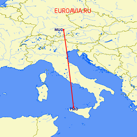 перелет Мюнхен — Палермо на карте