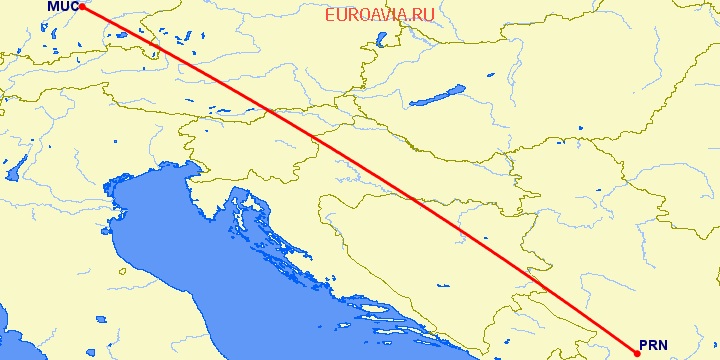 перелет Мюнхен — Приштина на карте
